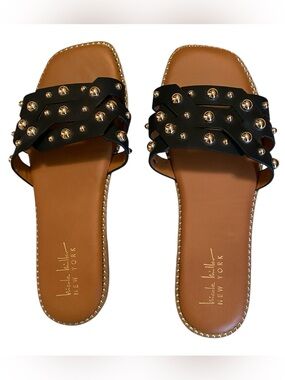 Nicole Miller New York Black Slide Sandals with Gold Studs